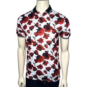 Barabas Polo Shirt Mens Medium White Red Rose Floral Short Sleeve Excellent Slim